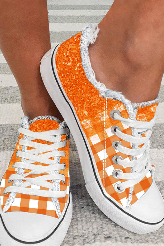 Trendy and Comfortable Orange Checkered Flat Canvas Shoes for Effortlessly Stylish Outfits