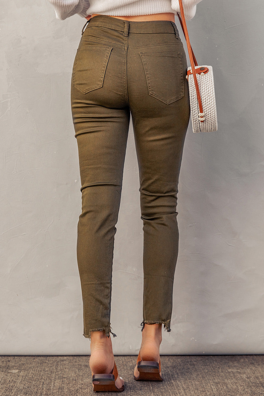 Green Plain High Waist Buttons Frayed Cropped Denim Jeans Greta Bean & Co.