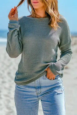 Green Waffle Knit Drop Shoulder Long Sleeve Top Greta Bean & Co.