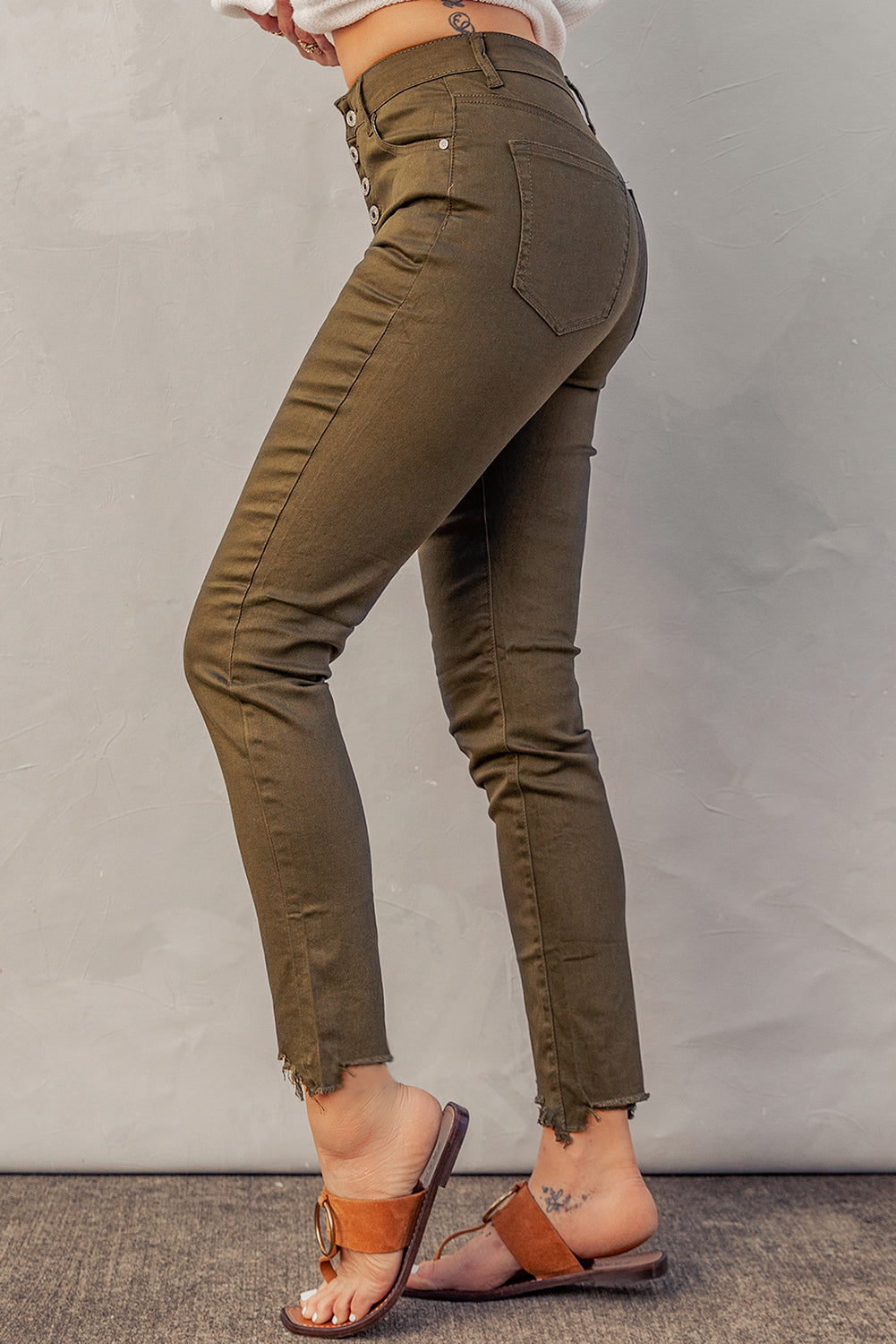 Green Plain High Waist Buttons Frayed Cropped Denim Jeans Greta Bean & Co.