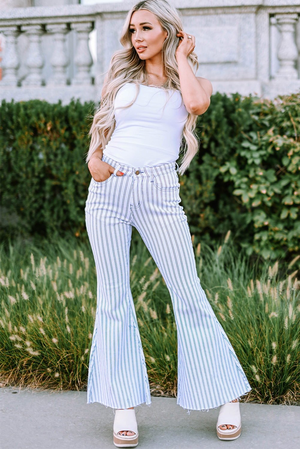 White High Waist Striped Print Flared Pants - Greta Bean & Co.