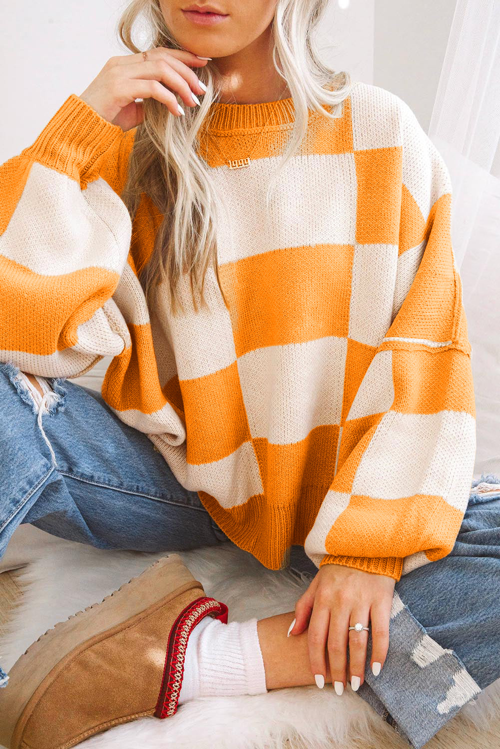 Orange & White Plaid Exposed Seam Bishop Sleeve Sweater - Greta Bean & Co.