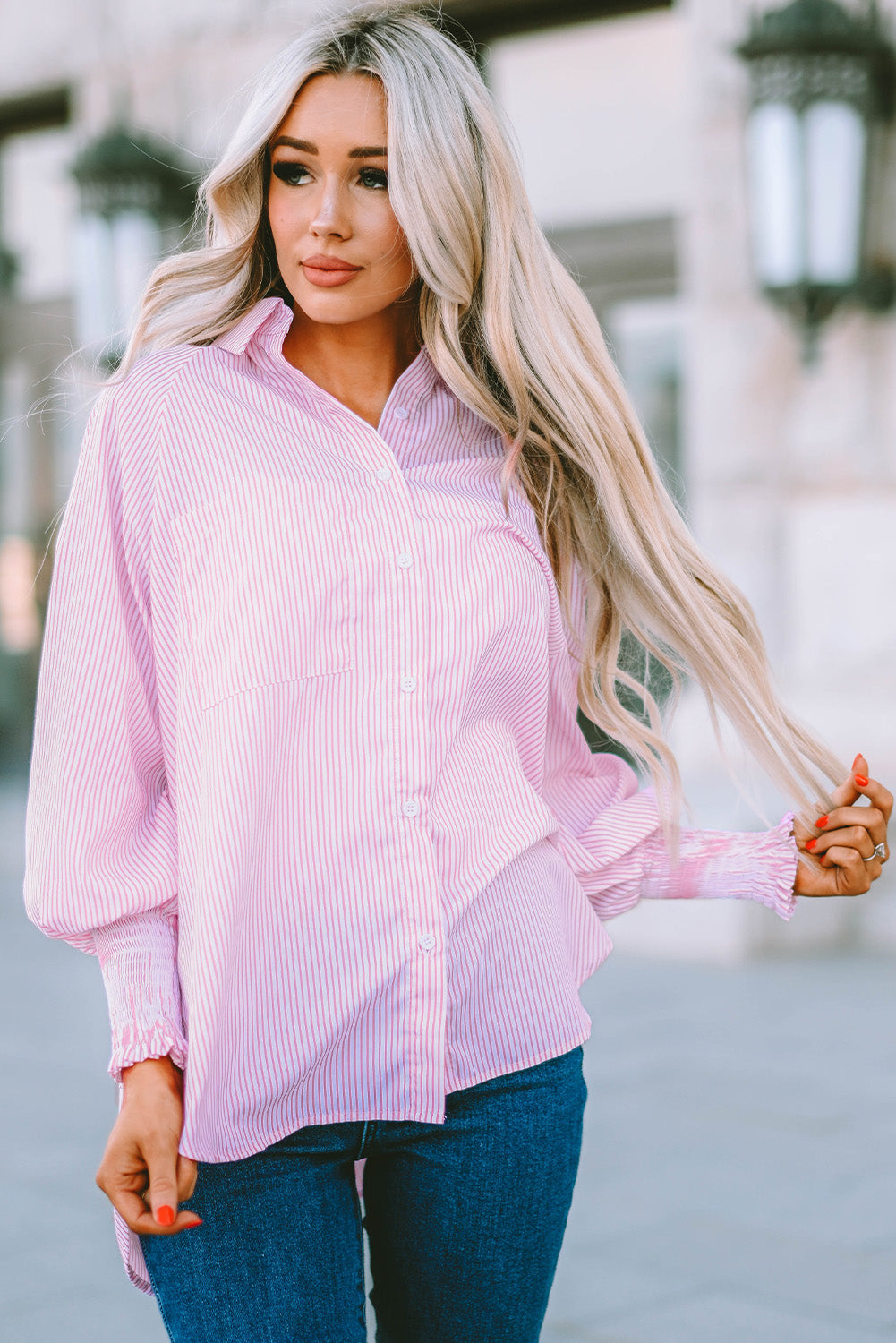Pink Smocked Cuffed Striped Boyfriend Shirt with Pocket Greta Bean & Co.