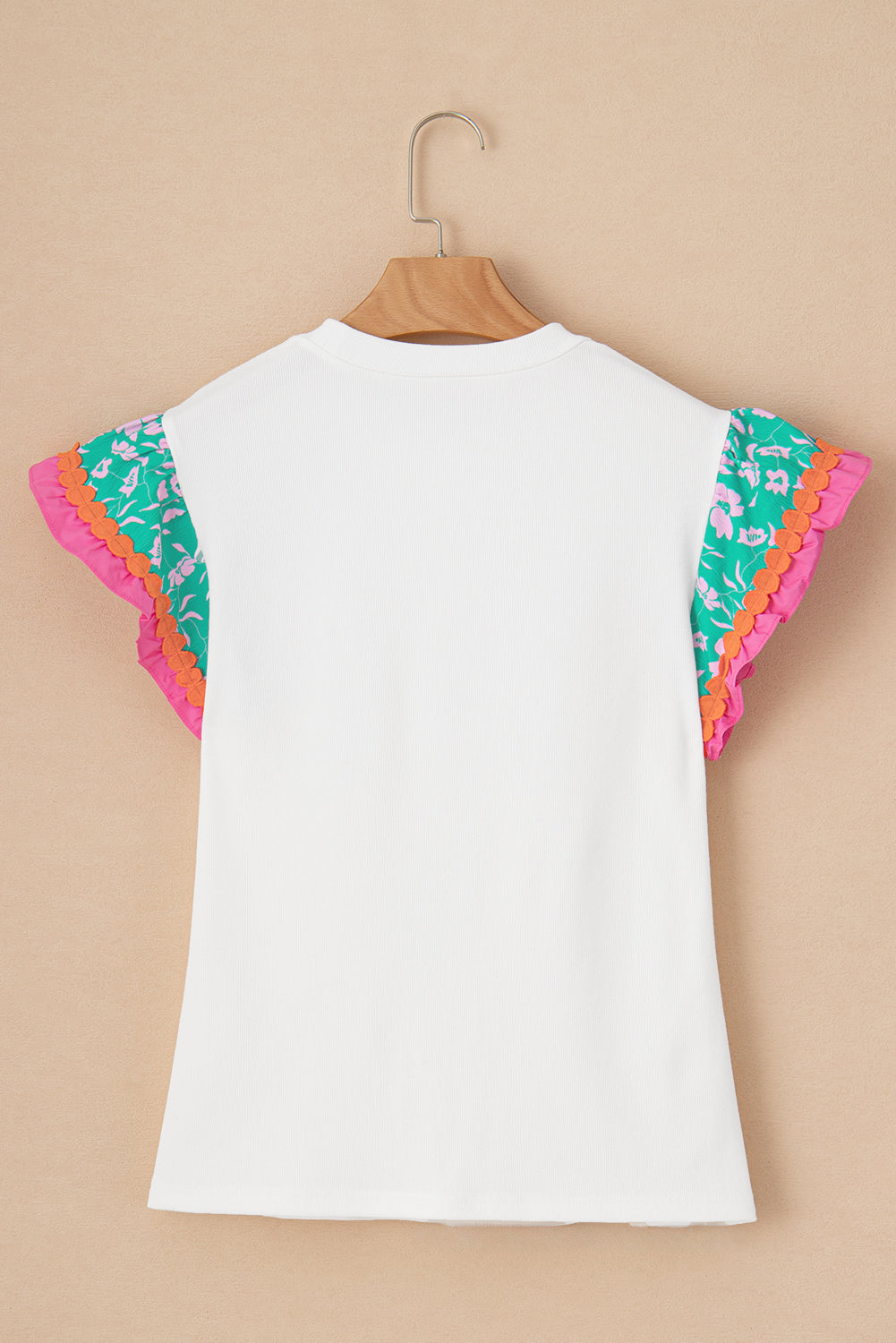 White Color Block Floral Print Ruffle Sleeve Blouse Greta Bean & Co.