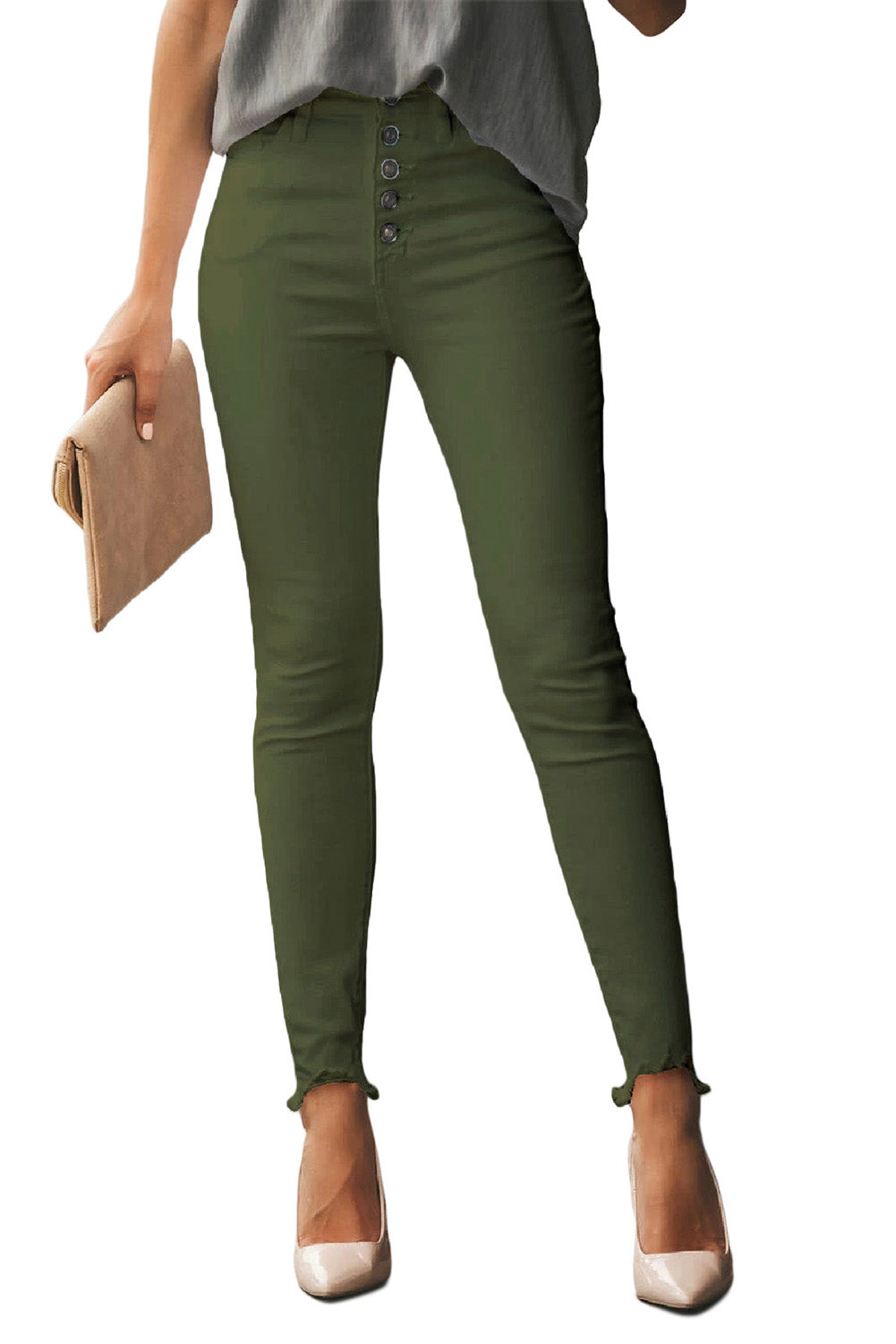 Green Plain High Waist Buttons Frayed Cropped Denim Jeans Greta Bean & Co.