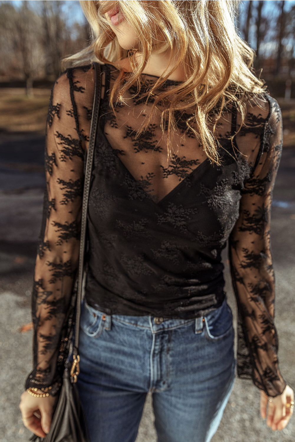 Black Mesh Crochet Splicing Slim Fit Long Sleeve Blouse - Greta Bean & Co.