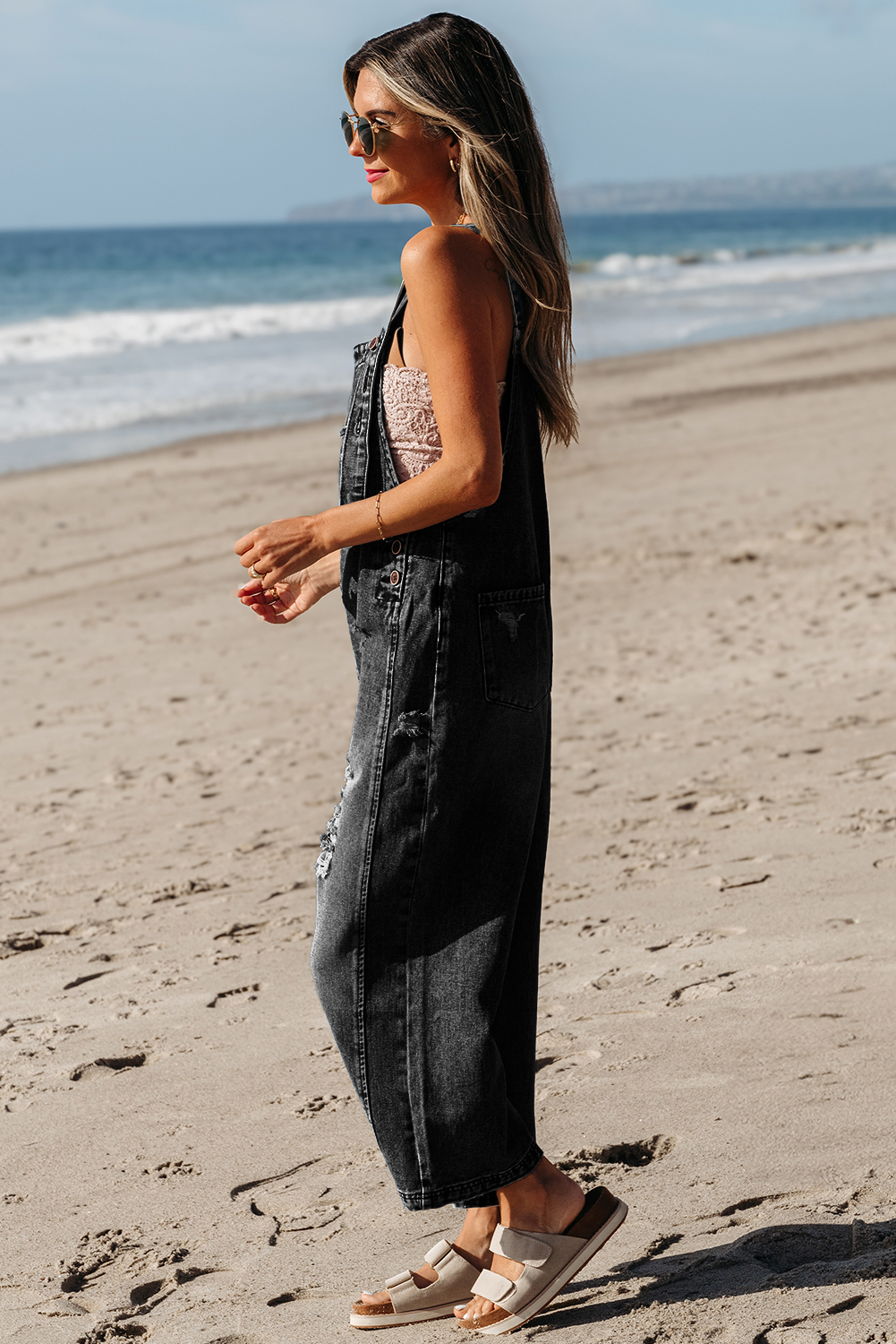 Stone Blue Distressed Bib Pocket Wide Leg Denim Overall Dear-Lover Dropshipping
