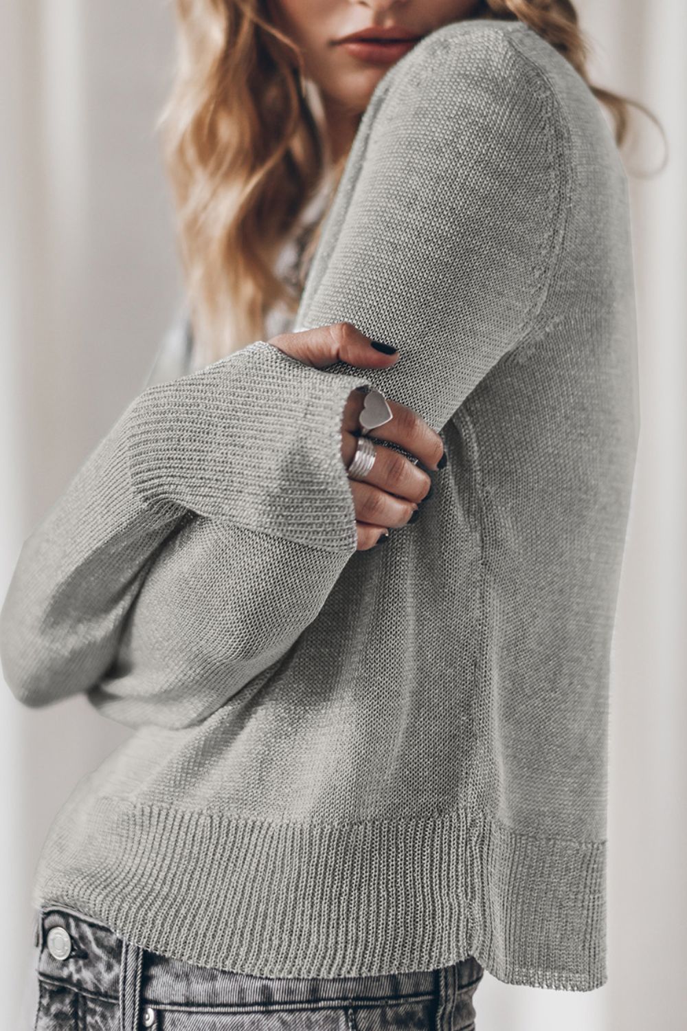 Ribbed Hem Round Neck Long Sleeve Sweater Trendsi