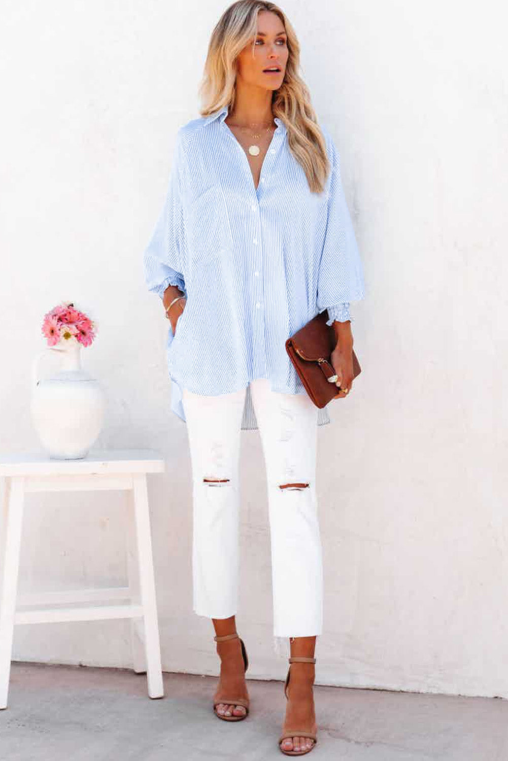 Sky Blue Smocked Cuffed Striped Boyfriend Shirt with Pocket Greta Bean & Co.