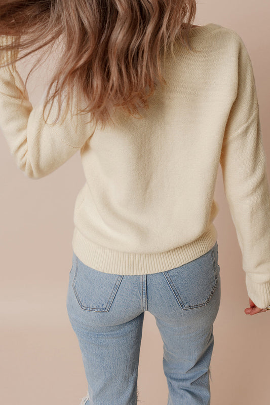 Beige Knitted Flower Pattern Ribbed Edge Sweater - Greta Bean & Co.