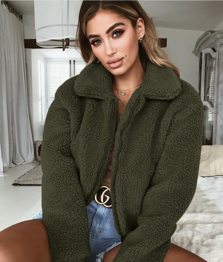 Women's Plush Sherpa Cropped Zip up Jacket Greta Bean & Co.