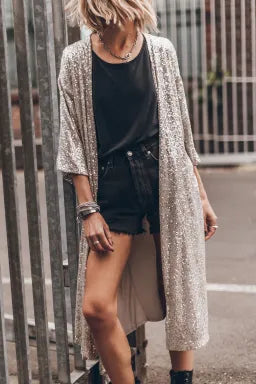 Apricot Sequin 3/4 Sleeve Open Front Duster Cardigan Greta Bean & Co.
