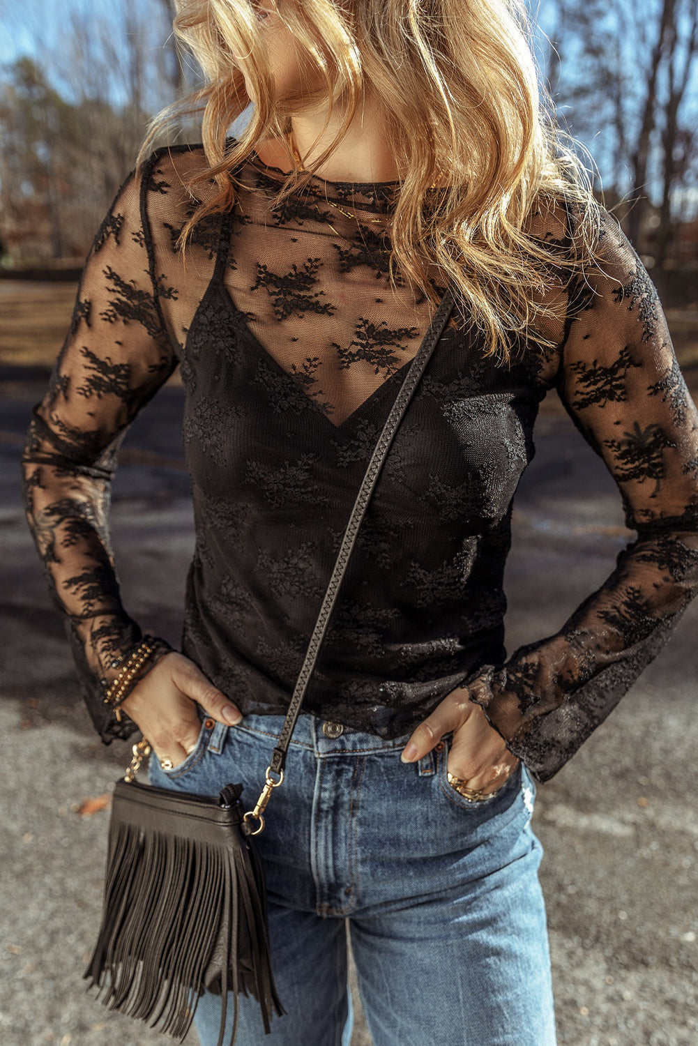 Black Mesh Crochet Splicing Slim Fit Long Sleeve Blouse - Greta Bean & Co.