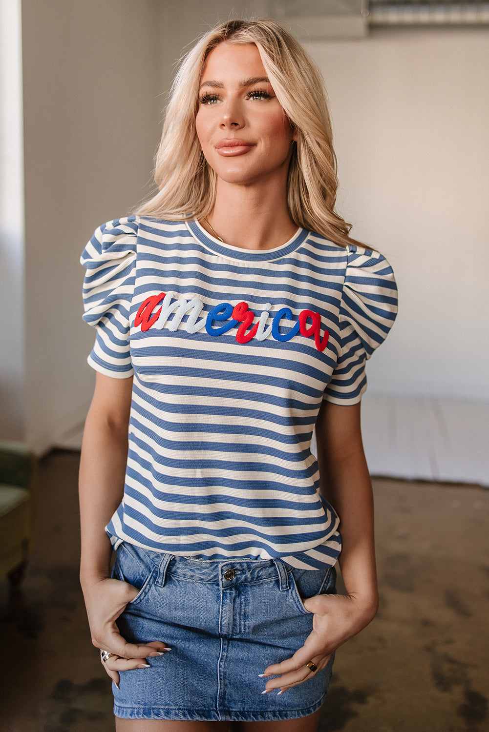 Striped America Cursive Puff Sleeve shirt - Greta Bean & Co.