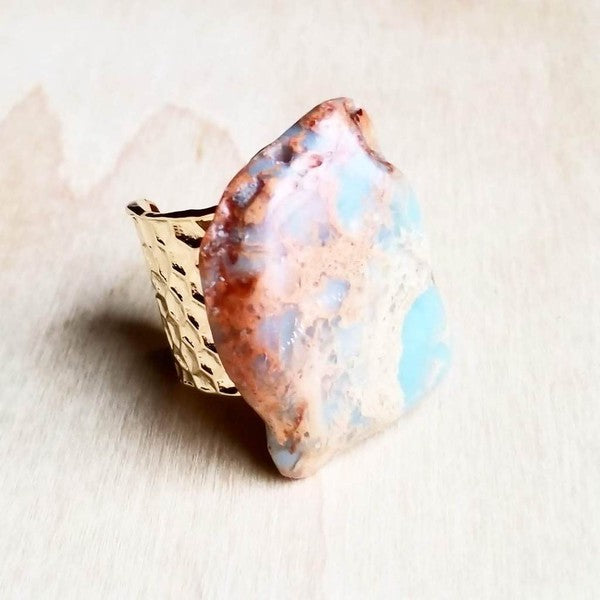 Chunky Aqua Terra Slab on Hammered Cuff Ring Base - Greta Bean & Co.