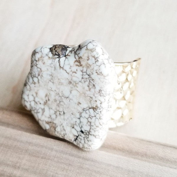 White Turquoise Slab on Hammered Gold Ring Base - Greta Bean & Co.