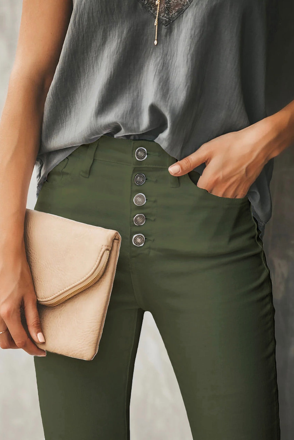 Green Plain High Waist Buttons Frayed Cropped Denim Jeans Greta Bean & Co.