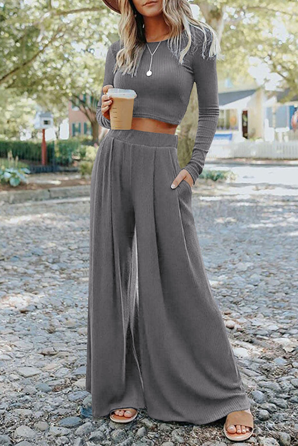 Gray Solid Color Ribbed Crop Top Long Pants Set - Greta Bean & Co.