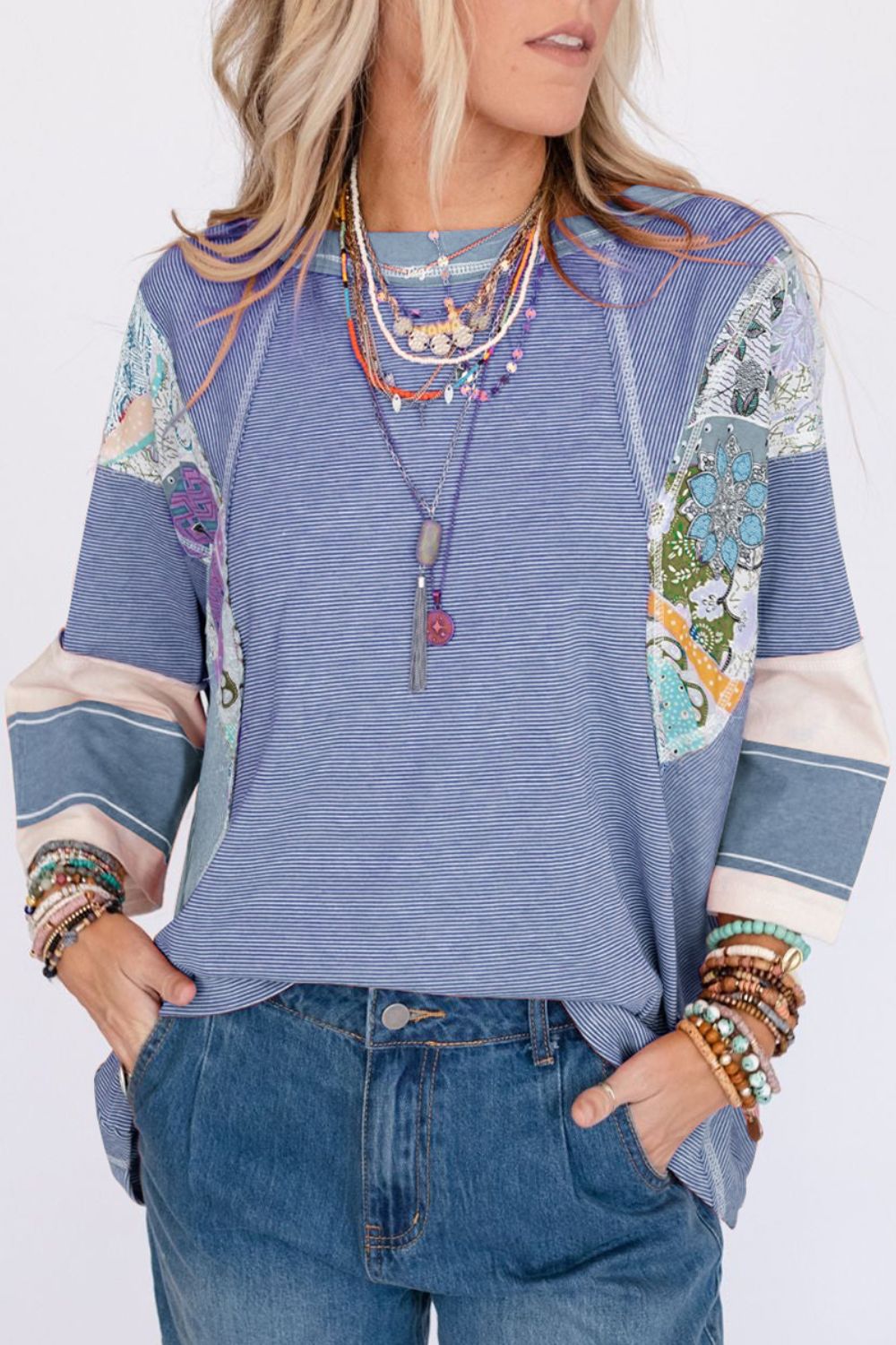 Striped Floral Patchwork Round Neck Top Trendsi