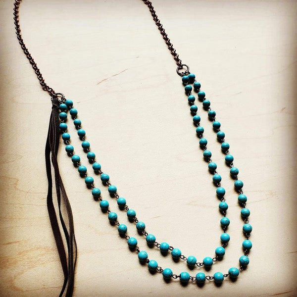 Double Strand Blue Turq Necklace w/ tassel - Greta Bean & Co.