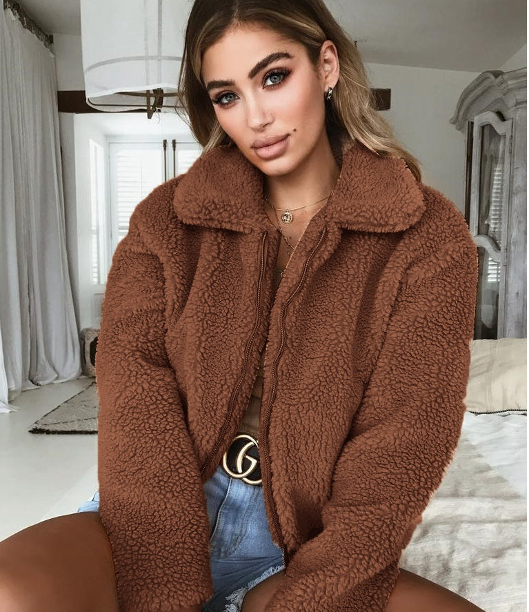 Women's Plush Sherpa Cropped Zip up Jacket Greta Bean & Co.