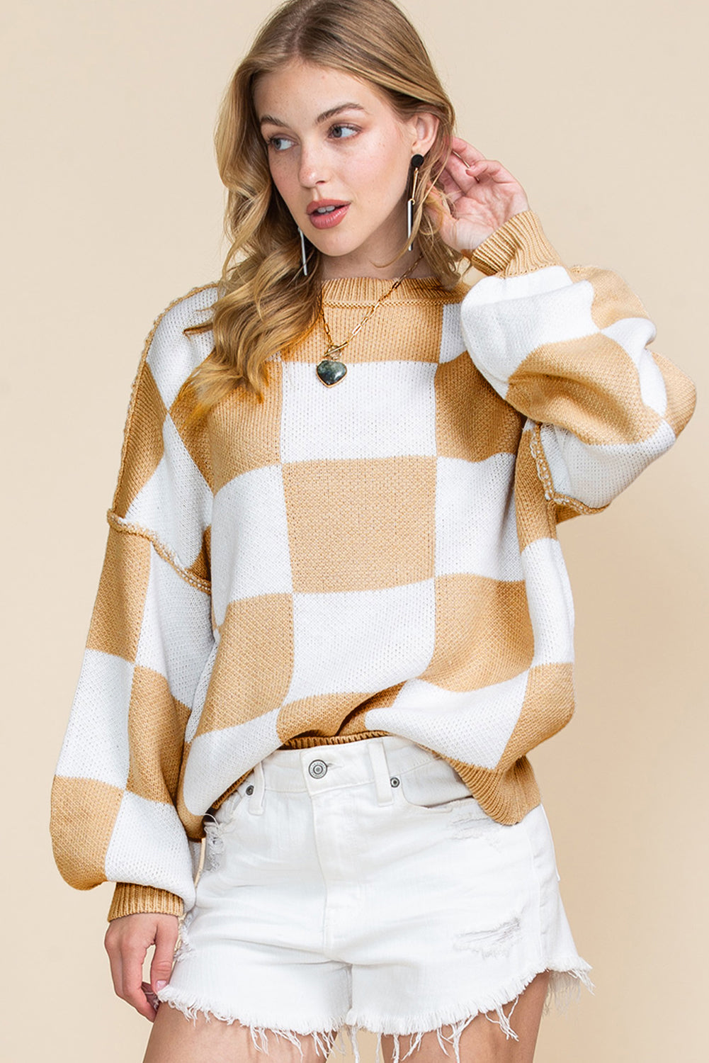 Khaki Plaid Bishop Sleeve Pullover Sweater - Greta Bean & Co.