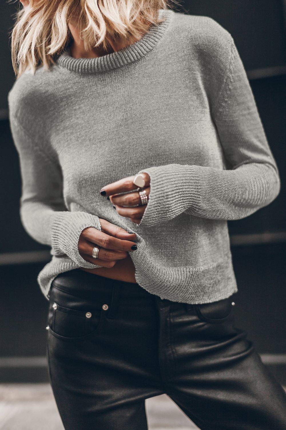 Ribbed Hem Round Neck Long Sleeve Sweater Trendsi