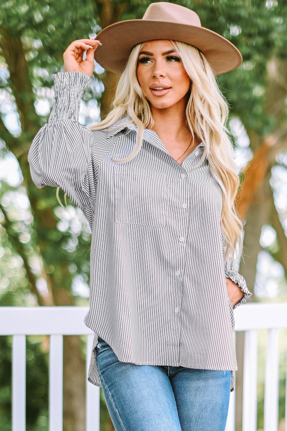 Black Striped Casual Shirred Cuffs Shirt Greta Bean & Co.