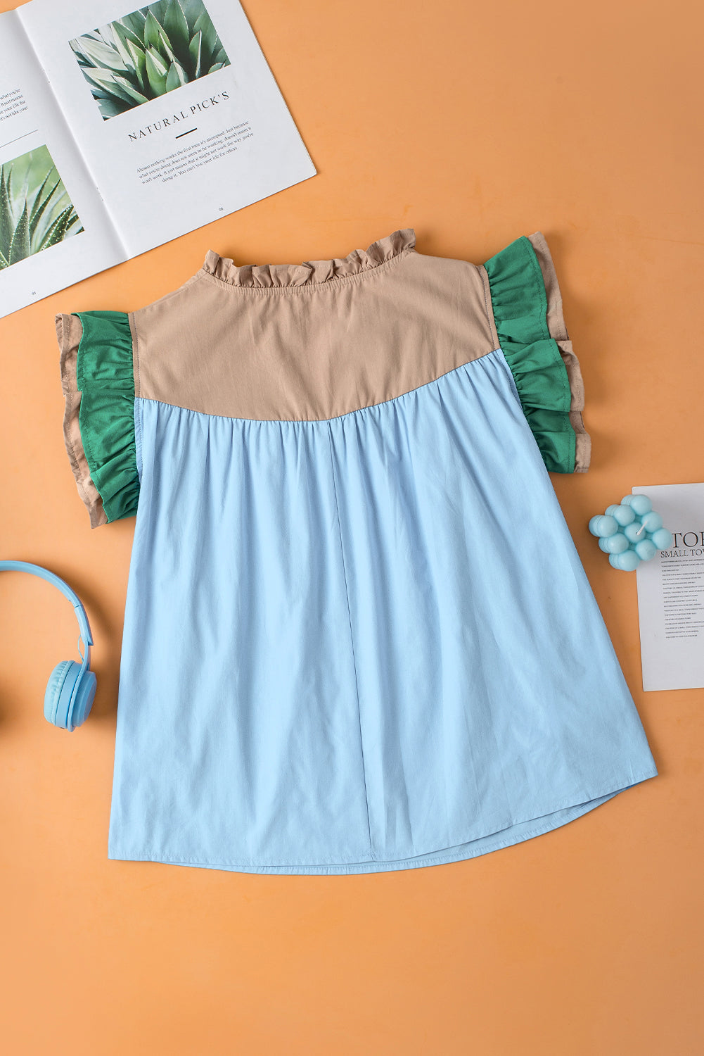 Mist Blue Colorblock Ruffled Sleeve Frill V Neck Blouse Greta Bean & Co.