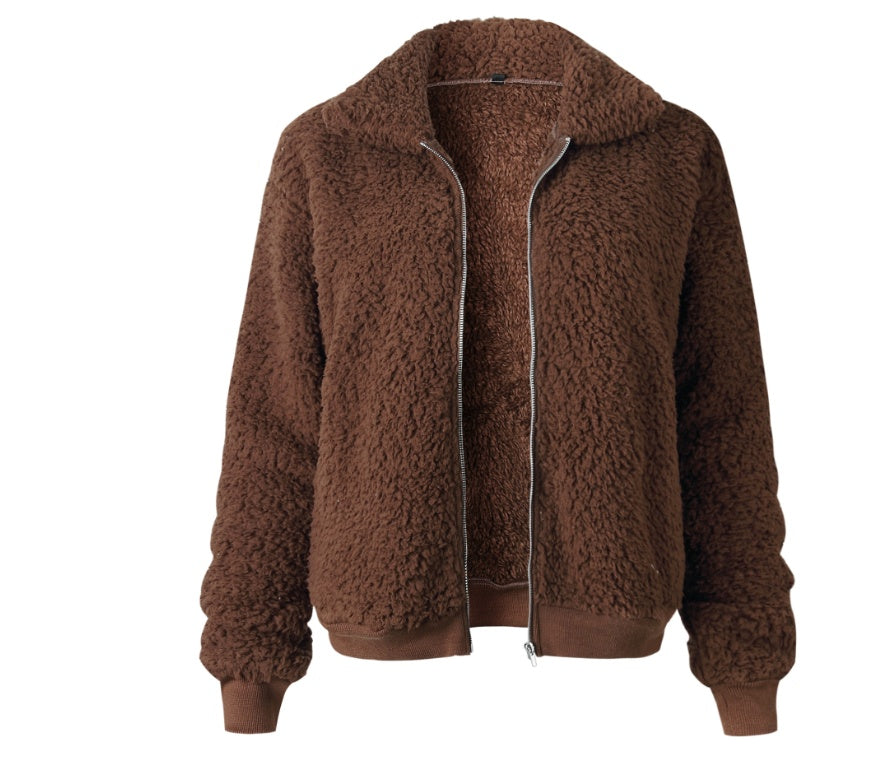 Women's Plush Sherpa Cropped Zip up Jacket Greta Bean & Co.
