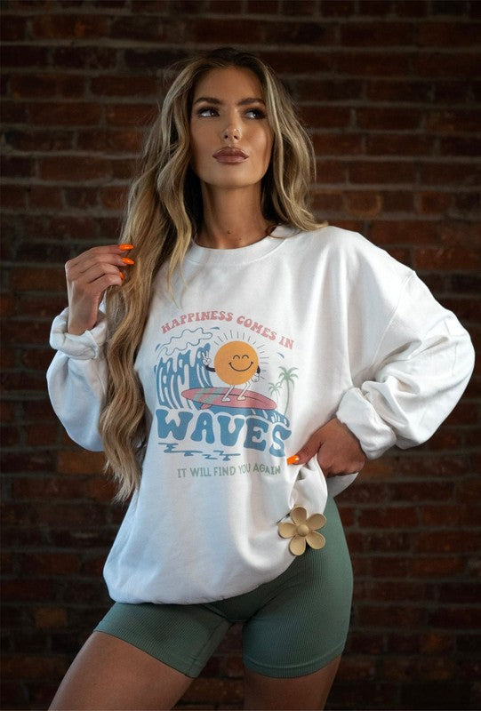 Happiness Comes in Waves Crewneck Sweatshirt Ocean and 7th