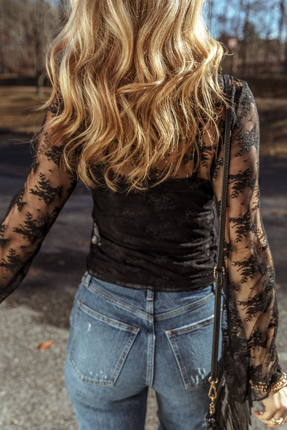 Black Mesh Crochet Splicing Slim Fit Long Sleeve Blouse - Greta Bean & Co.