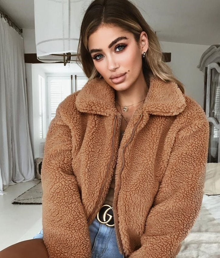 Women's Plush Sherpa Cropped Zip up Jacket Greta Bean & Co.