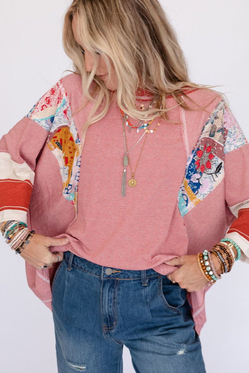 Striped Floral Patchwork Round Neck Top Trendsi