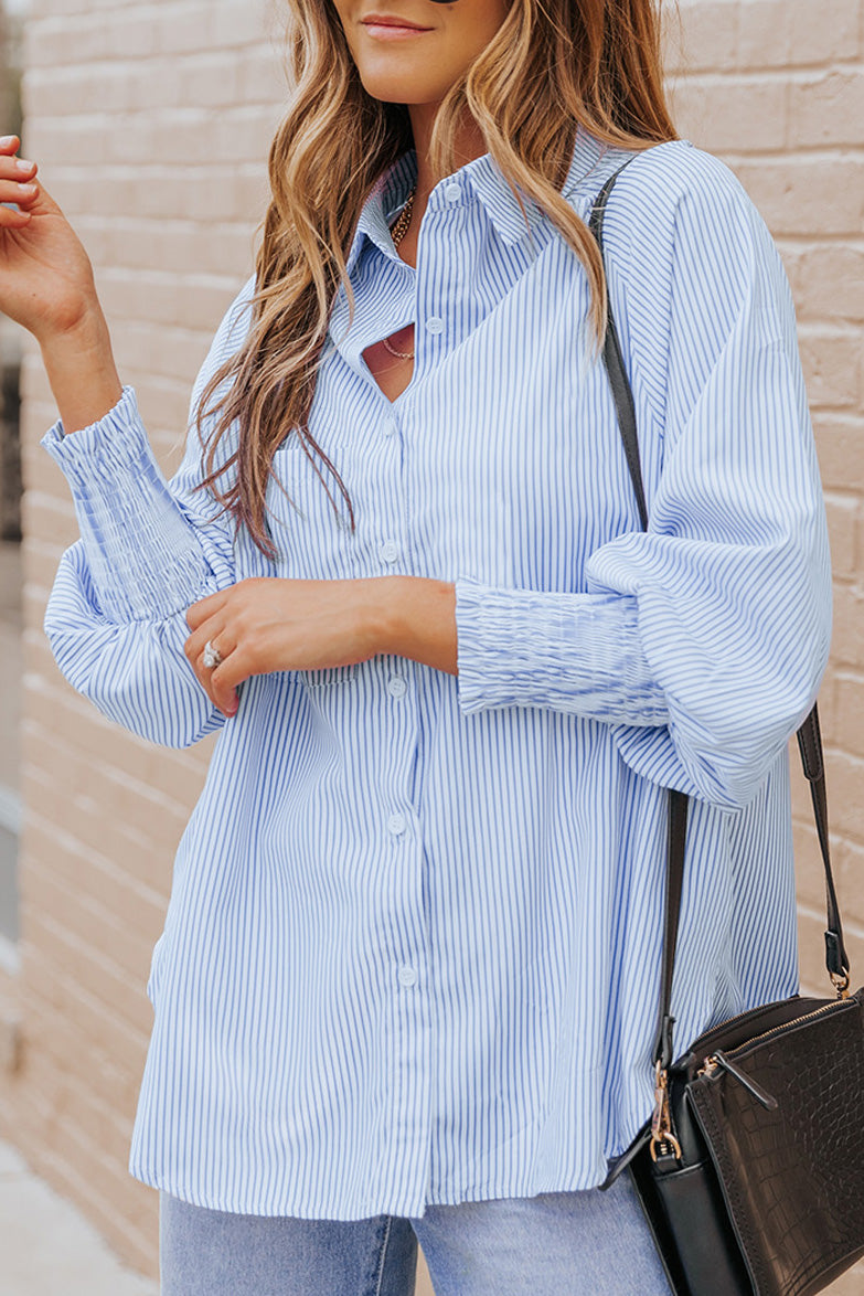 Black Striped Casual Shirred Cuffs Shirt Greta Bean & Co.