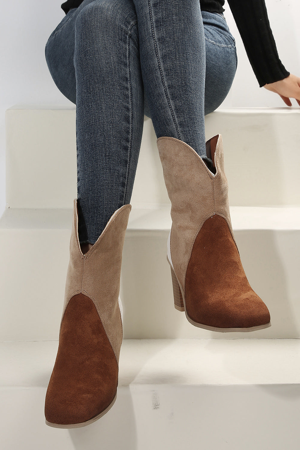 Chestnut Colorblock Suede Heeled Ankle Booties Greta Bean & Co.