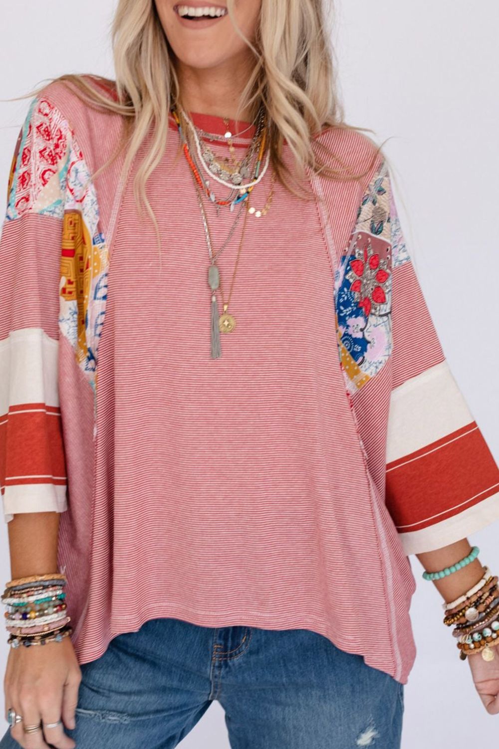 Striped Floral Patchwork Round Neck Top Trendsi