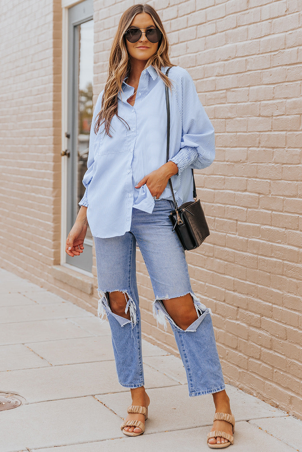 Black Striped Casual Shirred Cuffs Shirt Greta Bean & Co.