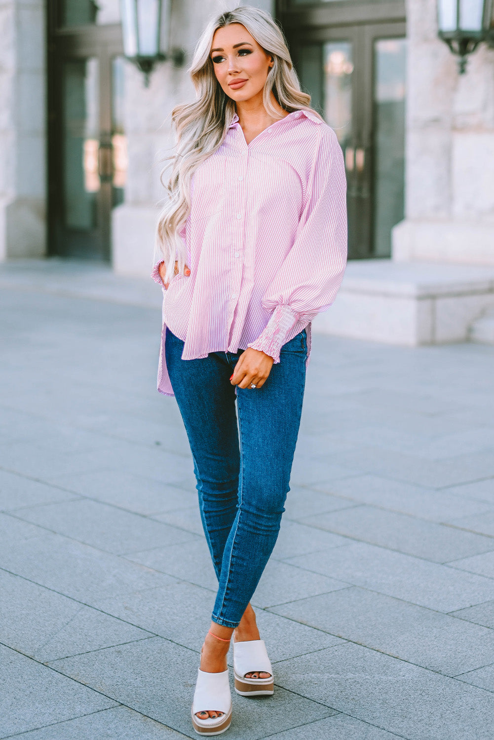 Black Striped Casual Shirred Cuffs Shirt Greta Bean & Co.
