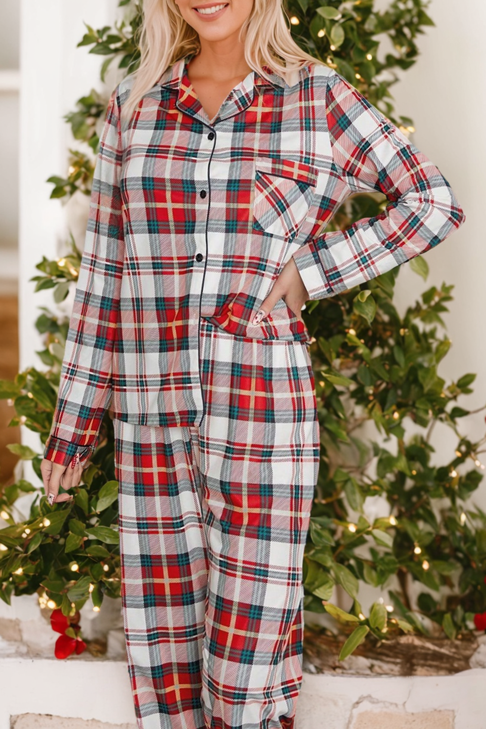 Red Christmas Plaid Print Two Piece Long Sleeve Pajamas Set Dear-Lover Dropshipping