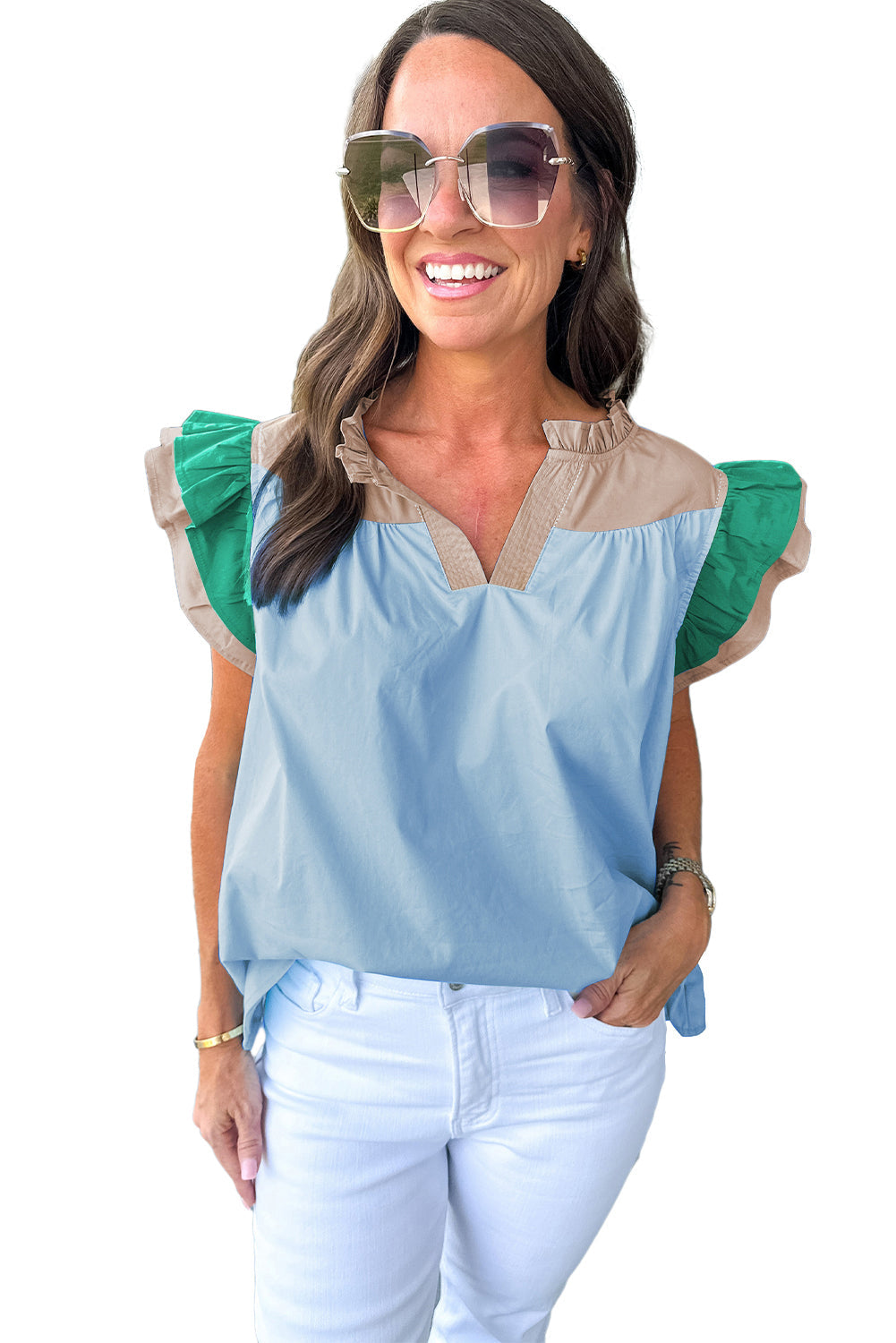 Mist Blue Colorblock Ruffled Sleeve Frill V Neck Blouse Greta Bean & Co.