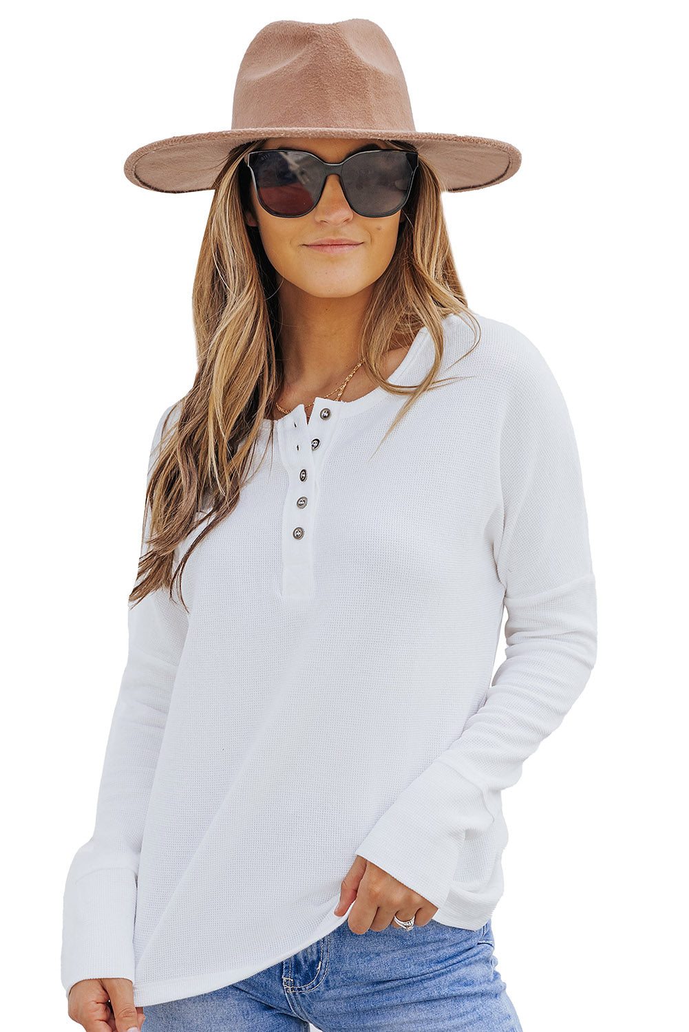 White Waffle Knit Henley Top - Greta Bean & Co.