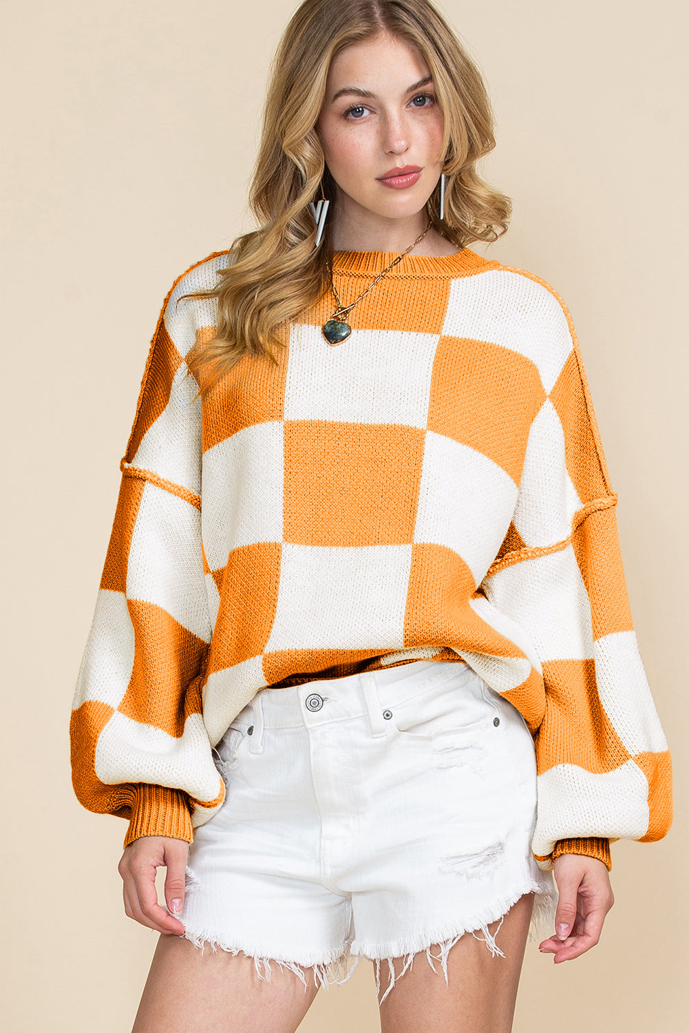 Orange & White Plaid Exposed Seam Bishop Sleeve Sweater - Greta Bean & Co.