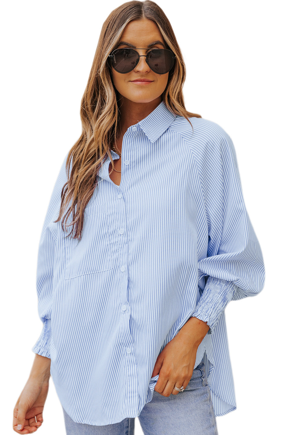 Black Striped Casual Shirred Cuffs Shirt Greta Bean & Co.