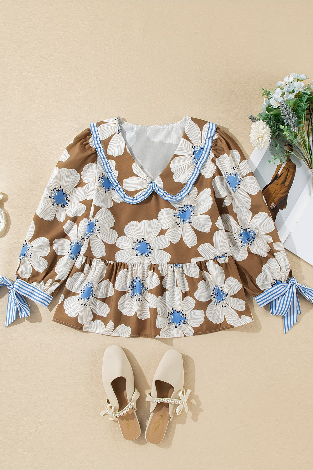 Floral & Striped Tie Sleeve Blouse Trendsi