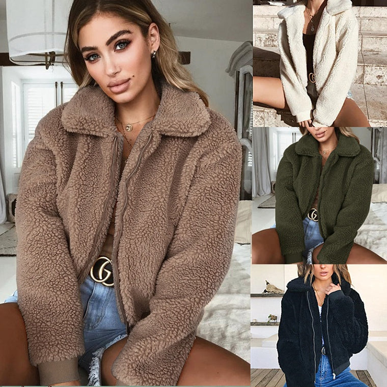 Women's Plush Sherpa Cropped Zip up Jacket Greta Bean & Co.