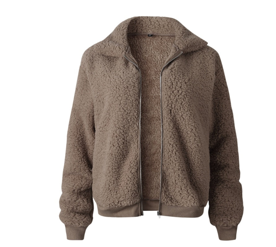 Women's Plush Sherpa Cropped Zip up Jacket Greta Bean & Co.