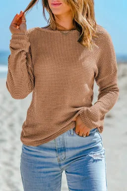Khaki Waffle Knit Casual Drop Shoulder Long Sleeve Top - Greta Bean & Co.