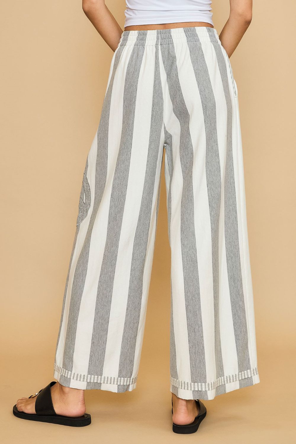 Umgee Peace Sign Patch Striped Wide Leg Pants Trendsi