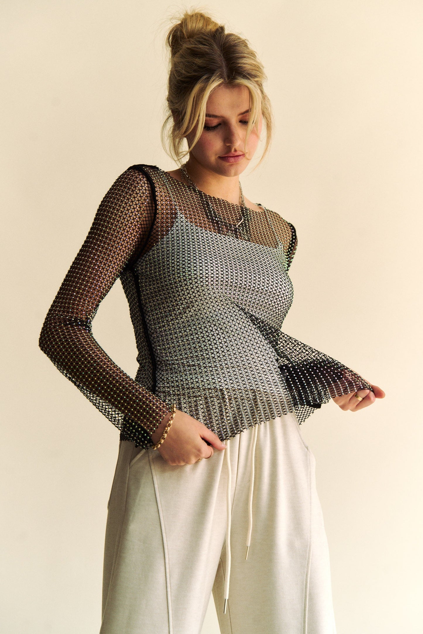 Davi & Dani Sparkling Rhinestone Sheer Mesh Round Neck Top Trendsi